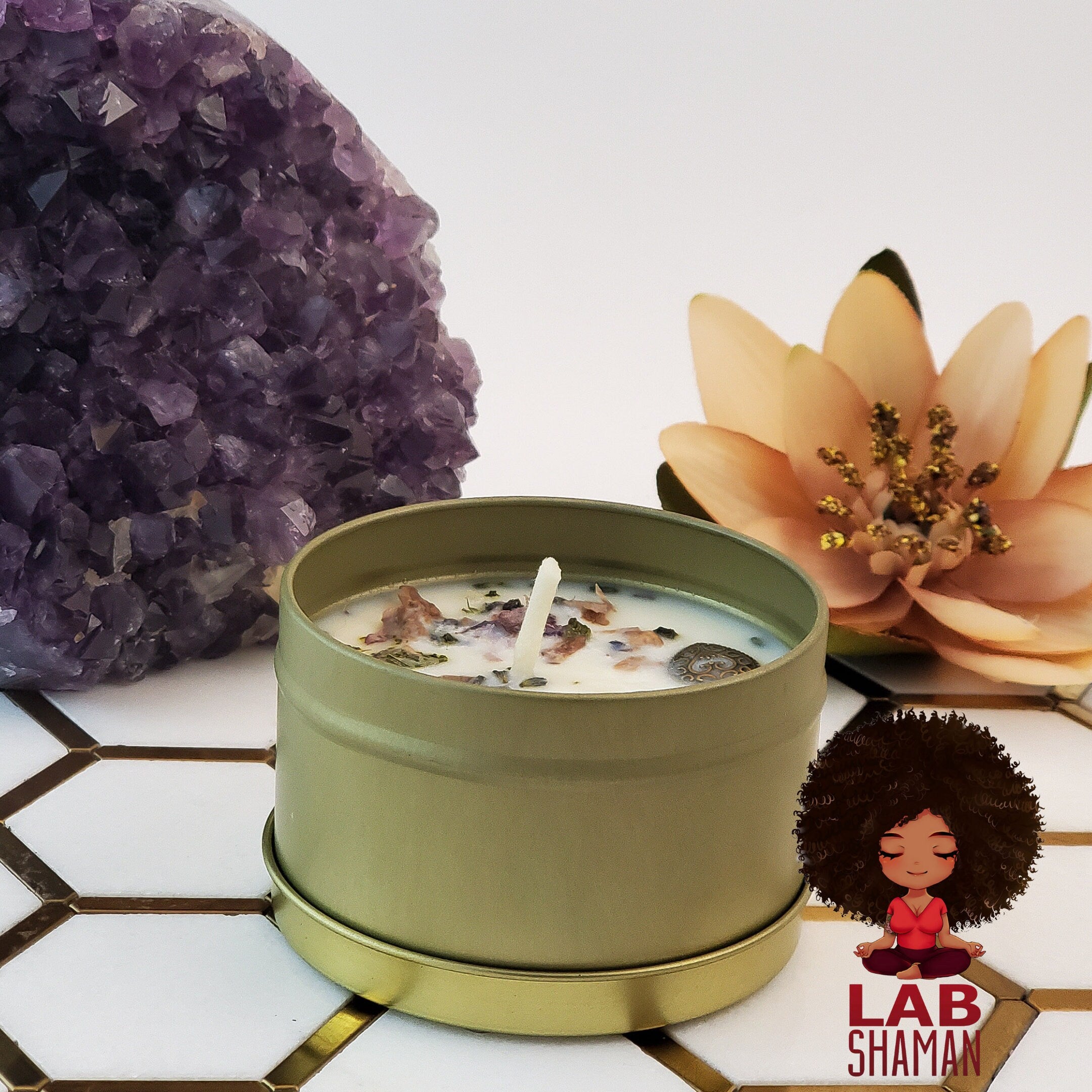 Quan Yin Candle, Spiritual Candle, Ritual Candle, Bodhisattva, Compassion, Guan Yin, Kuan Yin, Soy Wax Candle, Charm Included, Energetically Charged Crystal, Hand-Crushed Herbs, lab shaman