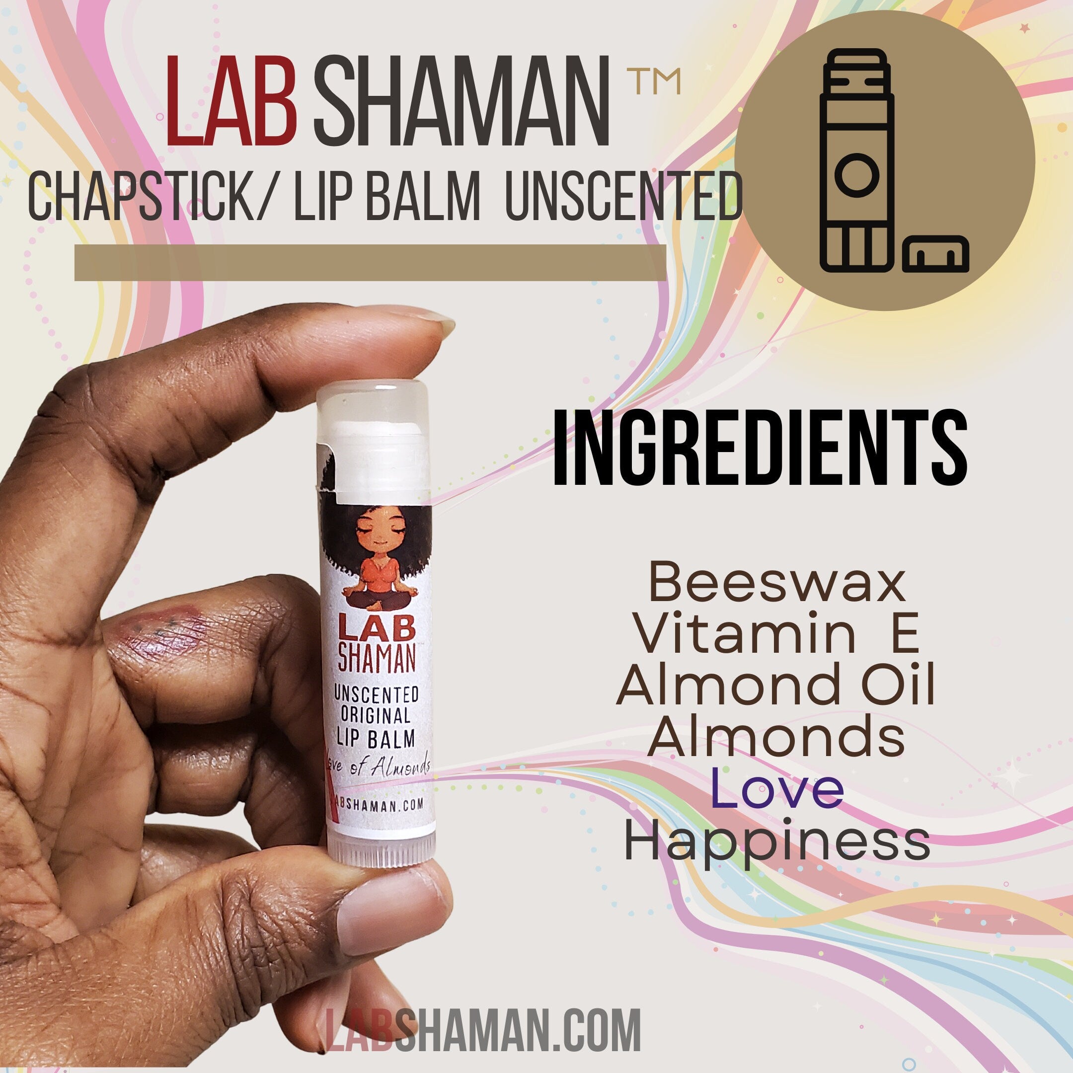 Unscented, Handcrafted, Lip Balm, Beeswax, Shea Butter, Almond Oil, Vitamin E, Eco-Friendly, BPA Free, Fragrance Free, Natural Ingredients, Moisturizing, LAB Shaman