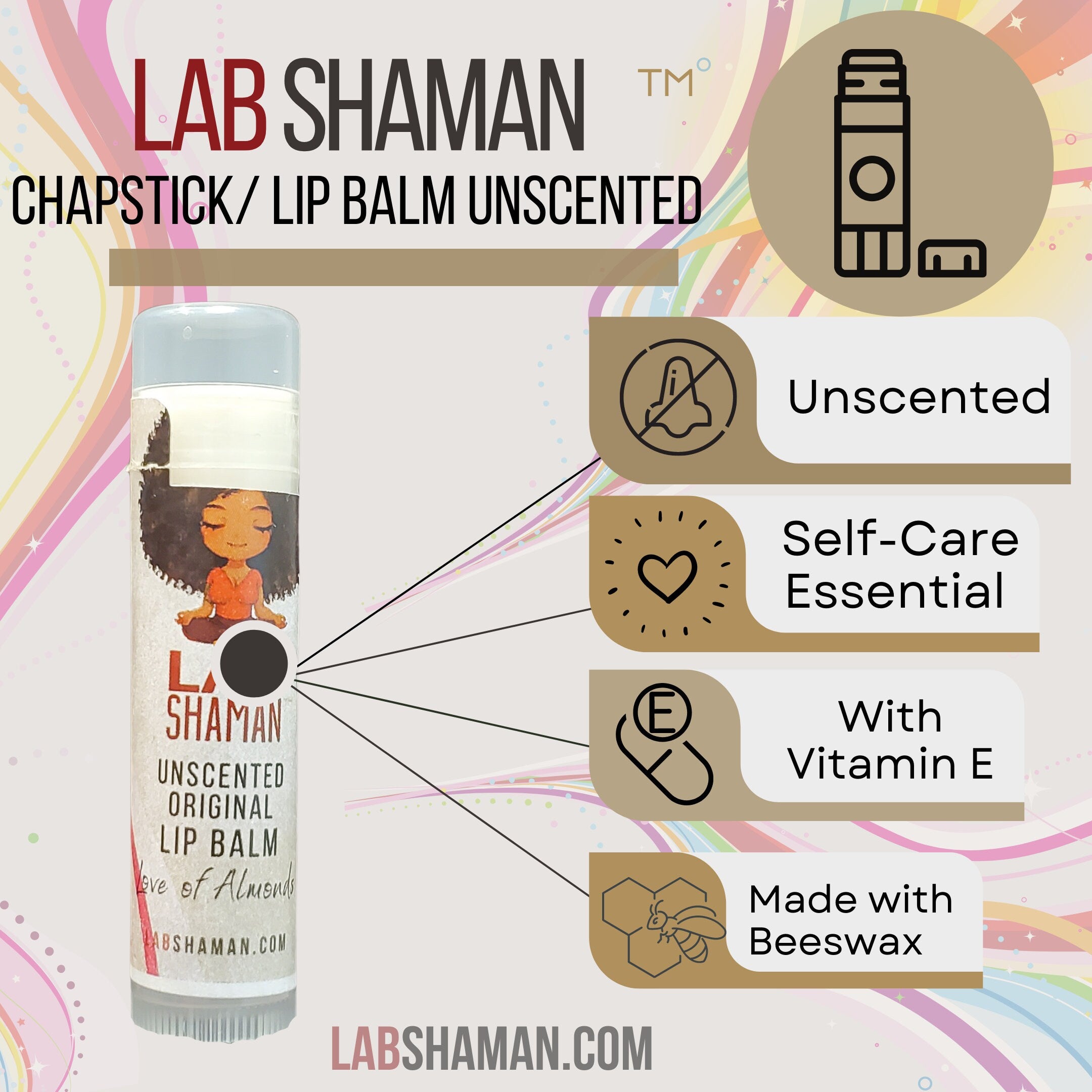 Unscented, Handcrafted, Lip Balm, Beeswax, Shea Butter, Almond Oil, Vitamin E, Eco-Friendly, BPA Free, Fragrance Free, Natural Ingredients, Moisturizing, LAB Shaman