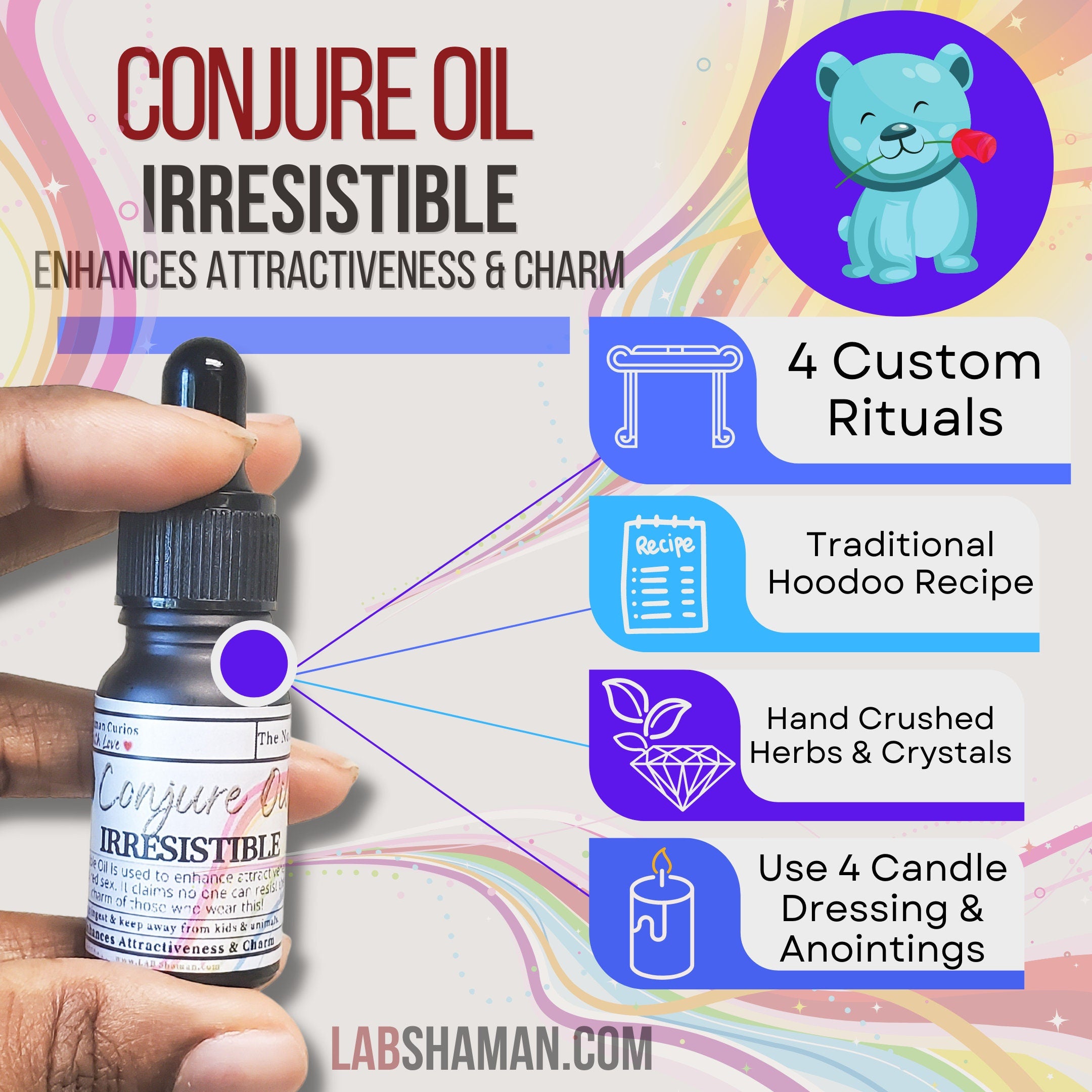 irresistible oil, Conjure oil, hoodoo oil, like art of the root, spell oil,  anointing oil, witchcraft oil, hoodoo supplies, intention oil, ritual oil, altar oil, protection oil, blessing oil, magic oil, curios, van van oil,  witch oil.