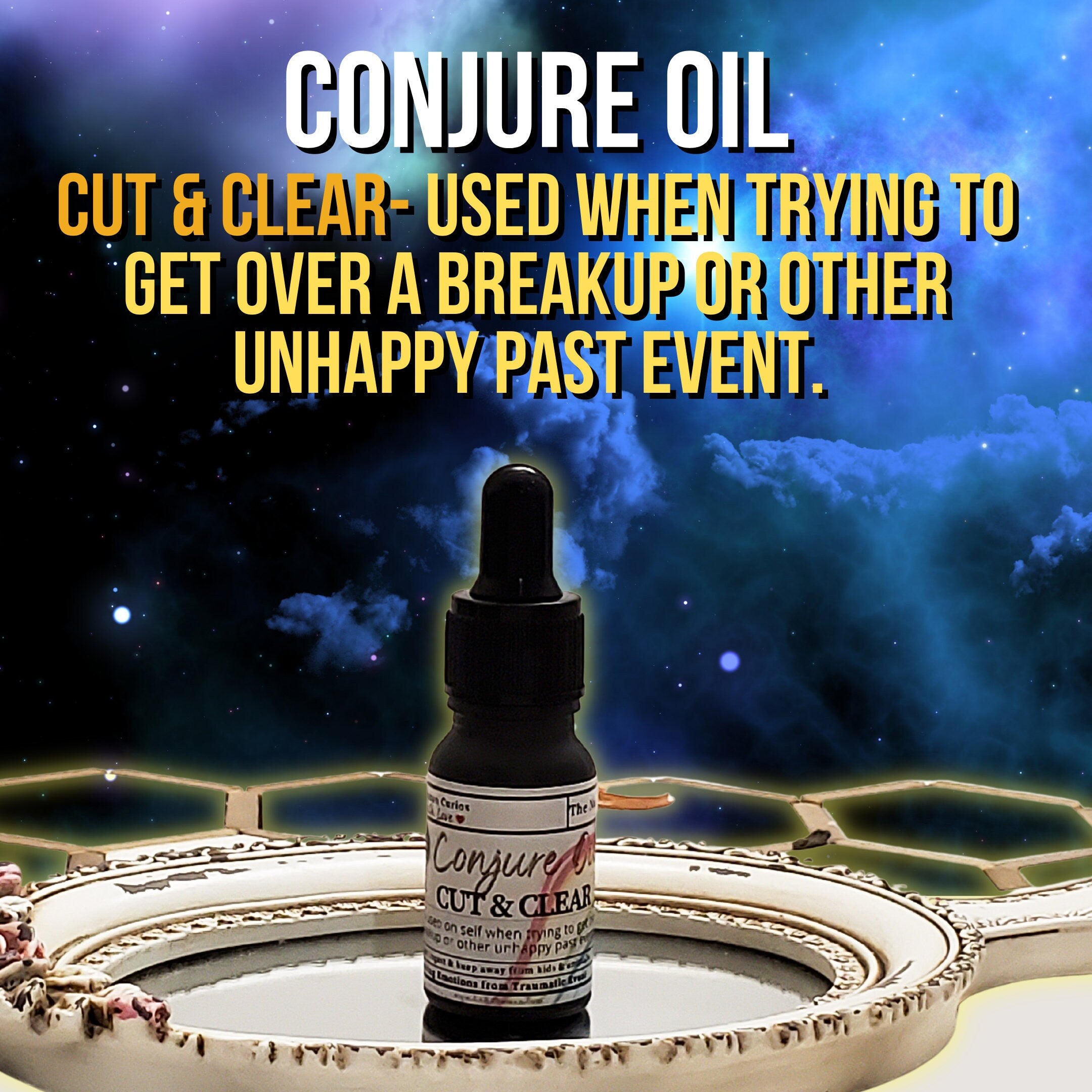 Cut & clear oil, cut and clear, conjure oil, hoodoo oil, like art of the root, spell oil, anointing oil, witchcraft oil, hoodoo supplies, intention oil, ritual oil, altar oil, protection oil, blessing oil, magic oil, curios, van van oil, witch oil.