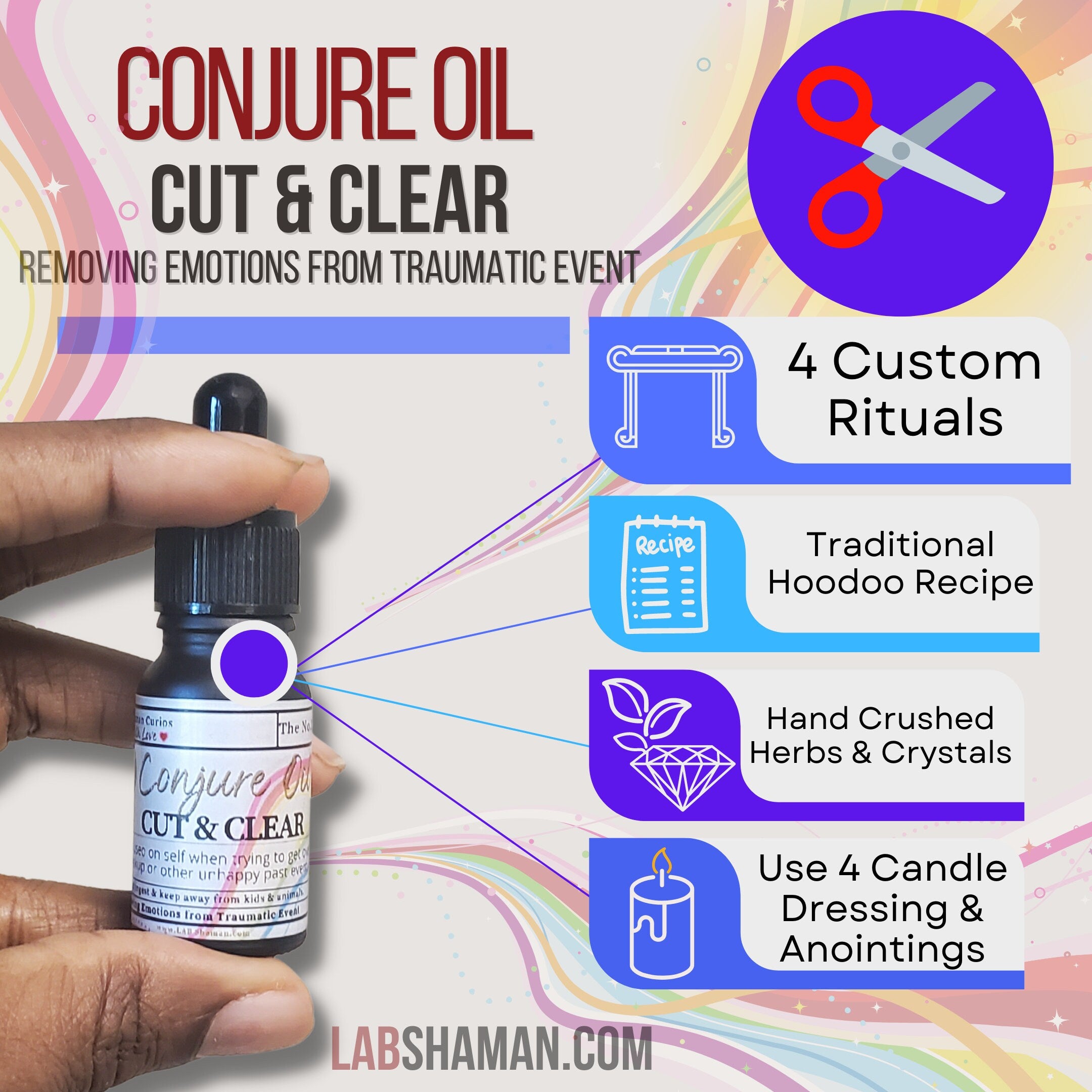 Cut & clear oil, cut and clear, conjure oil, hoodoo oil, like art of the root, spell oil, anointing oil, witchcraft oil, hoodoo supplies, intention oil, ritual oil, altar oil, protection oil, blessing oil, magic oil, curios, van van oil, witch oil.