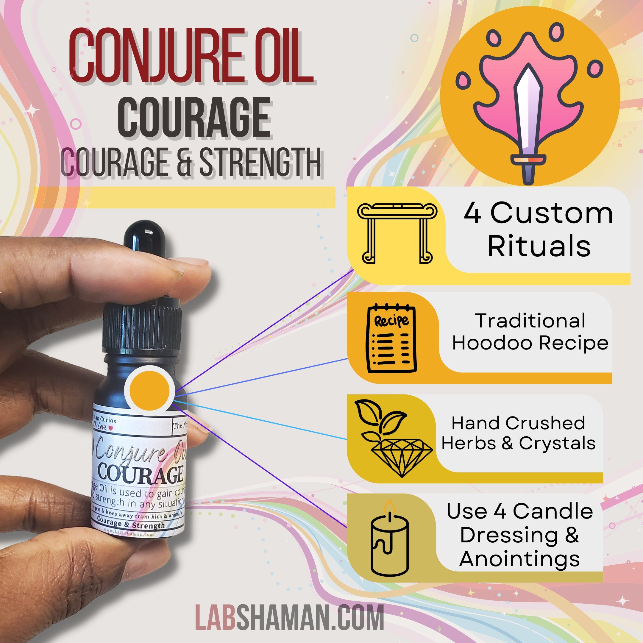 Courage oil, conjure oil, hoodoo oil, like art of the root, spell oil, anointing oil, witchcraft oil, hoodoo supplies, intention oil, ritual oil, altar oil, protection oil, blessing oil, magic oil, curios, van van oil, witch oil.