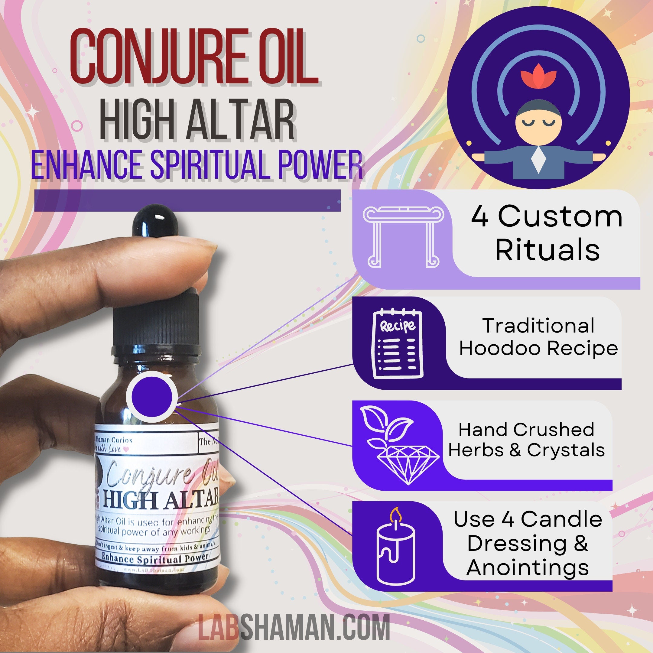 High Altar oil, spiritual power, conjure oil, hoodoo oil, like art of the root, spell oil, anointing oil, witch oil, hoodoo supplies, intention oil, ritual oil, altar oil, protection oil, magic oil, curios, witch body oil, lucky mojo.