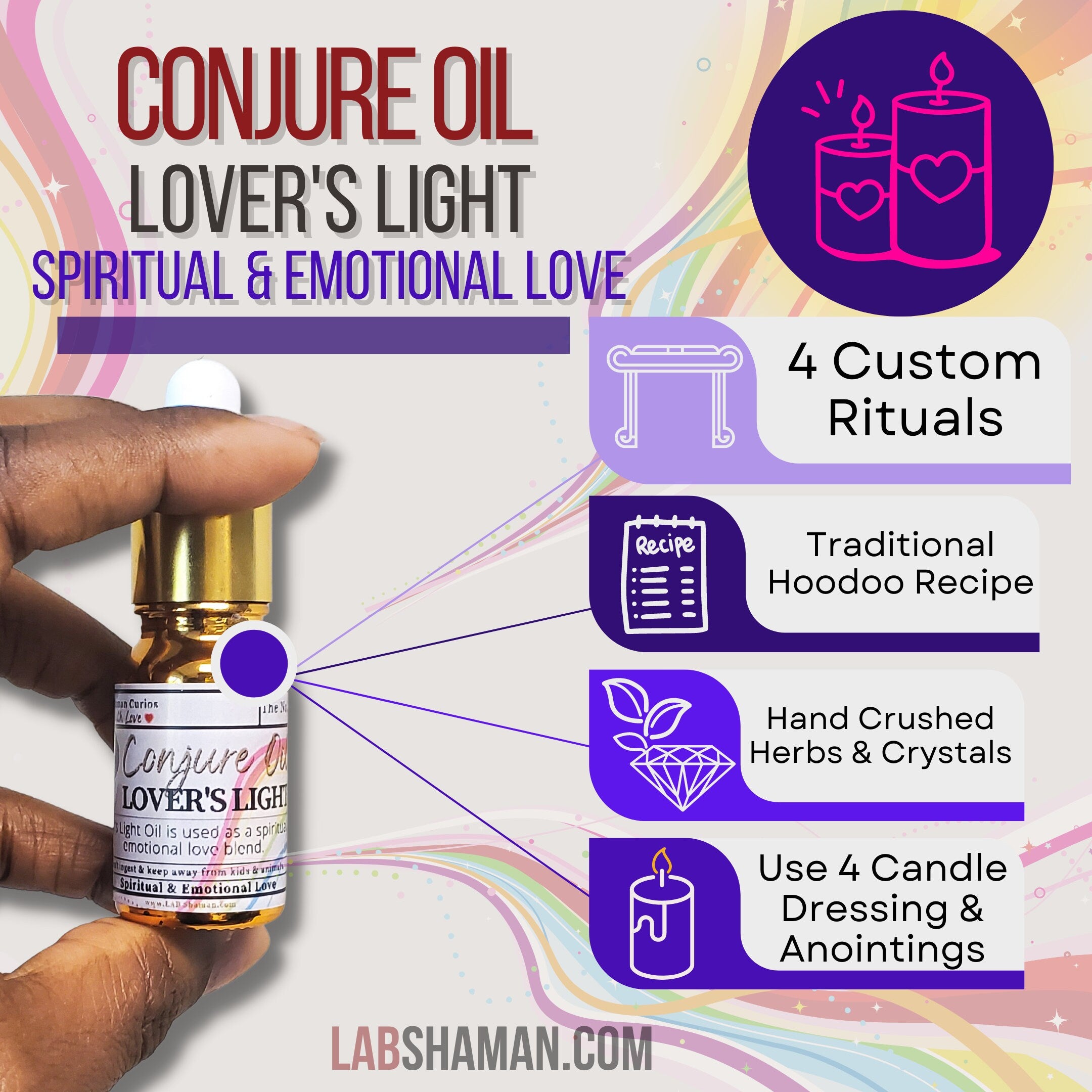 Lover’s Light oil, emotional oil, conjure oil, hoodoo oil, like art of the root, spell oil, anointing oil, witch oil, hoodoo supplies, intention oil, ritual oil, altar oil, protection oil, magic oil, curios, witch body oil, lucky mojo.