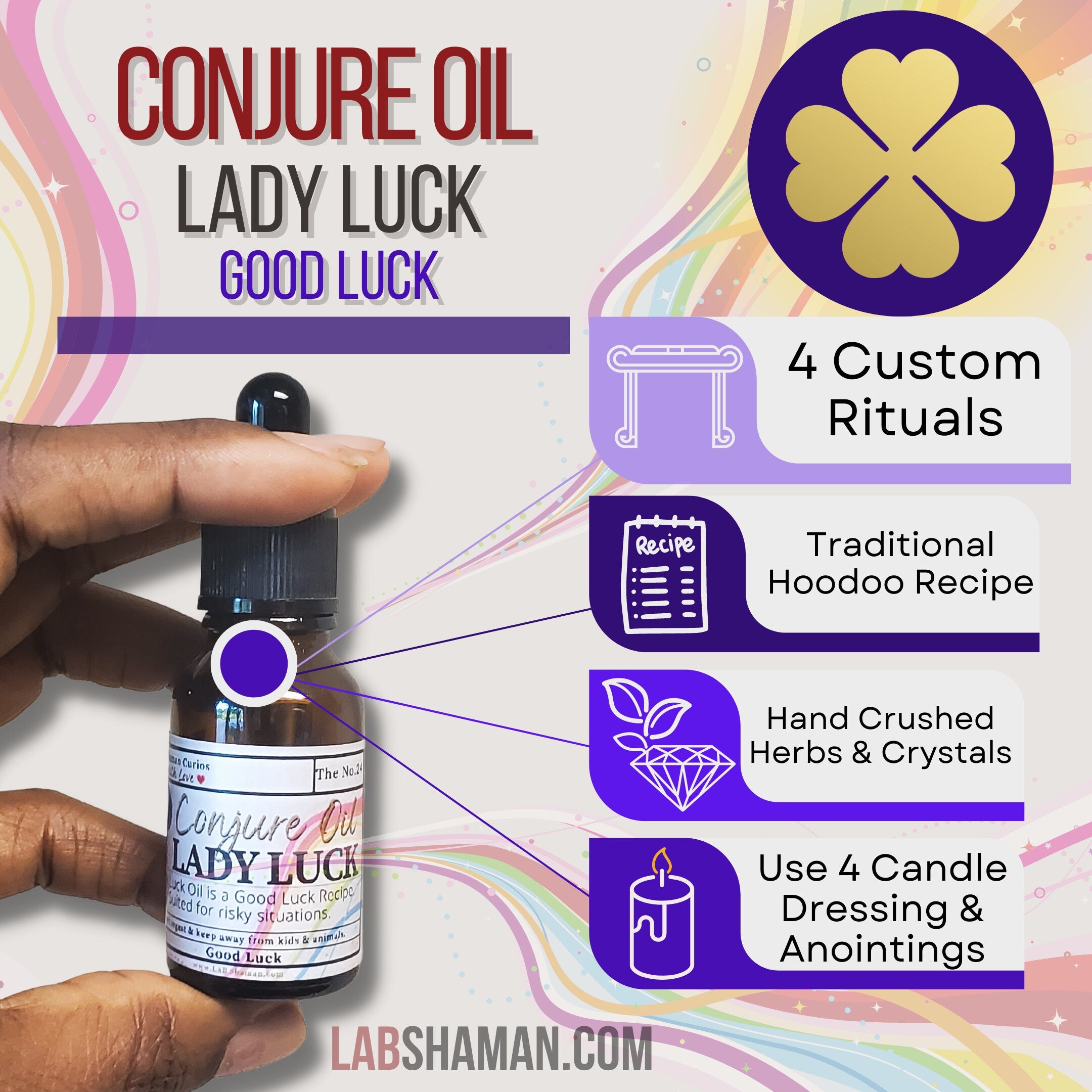 Lady Luck oil, Good luck oil, conjure oil, hoodoo oil, like art of the root, spell oil, anointing oil, witch oil, hoodoo supplies, intention oil, ritual oil, altar oil, protection oil, magic oil, curios, remove negative, witch body oil, lucky mojo.