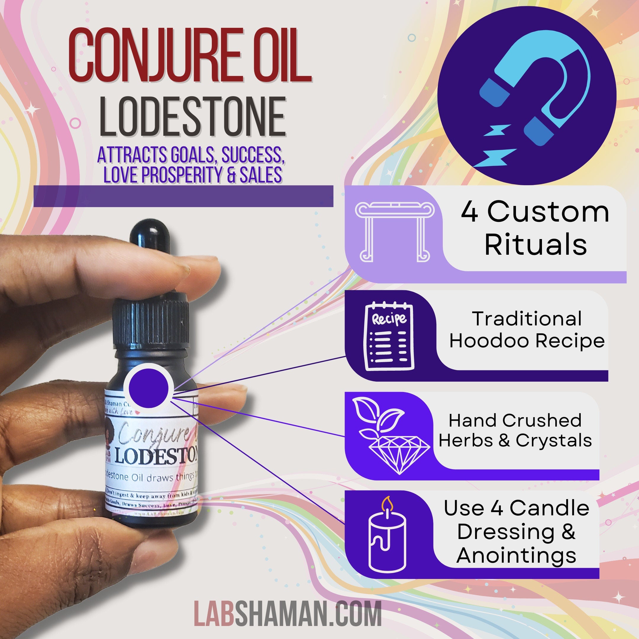 Lodestone oil, conjure oil, hoodoo oil, like art of the root, spell oil, anointing oil, witch oil, hoodoo supplies, intention oil, ritual oil, altar oil, protection oil, magic oil, curios, remove negative, witch body oil, like lucky mojo.