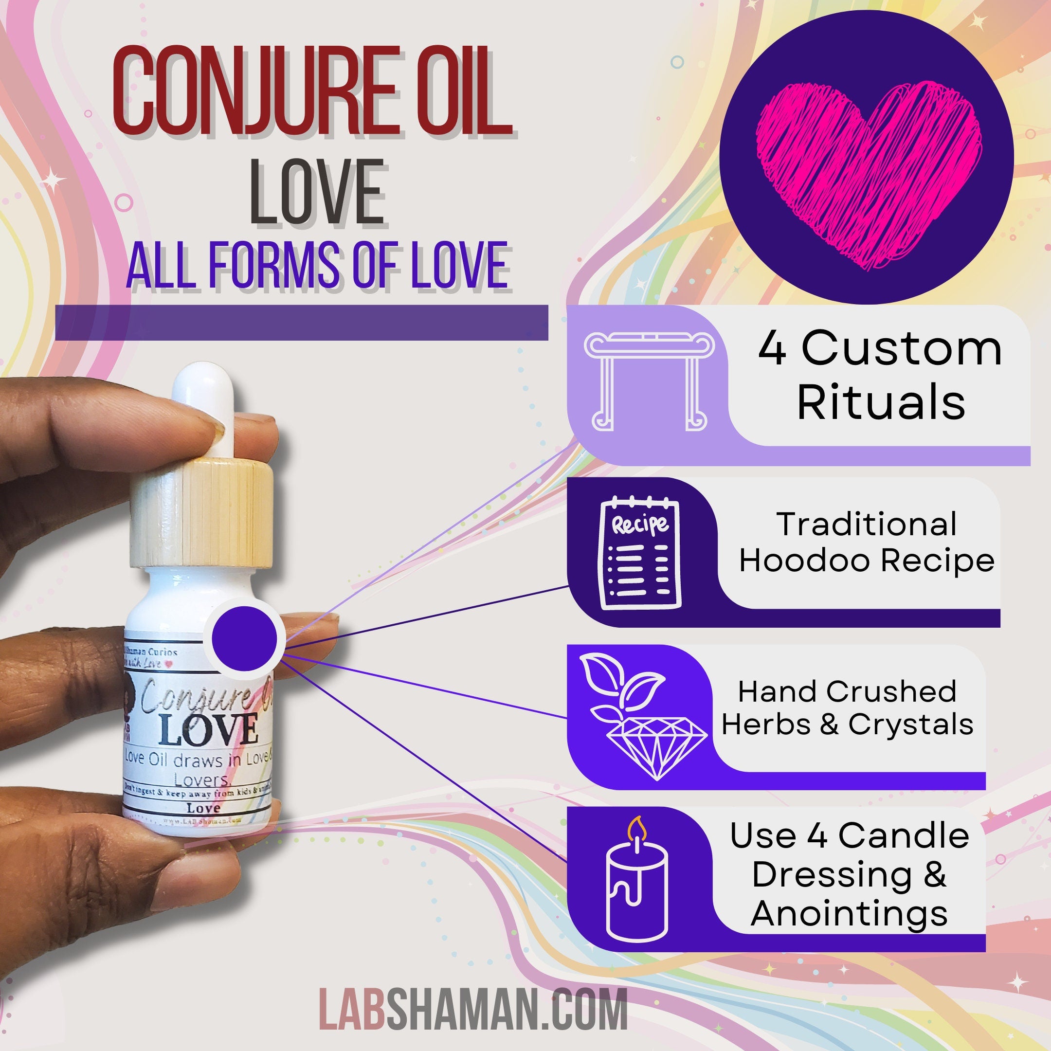 Love oil, conjure oil, hoodoo oil, like art of the root, spell oil, anointing oil, witch oil, hoodoo supplies, intention oil, ritual oil, altar oil, protection oil, magic oil, curios, remove negative, witch body oil, like lucky mojo.