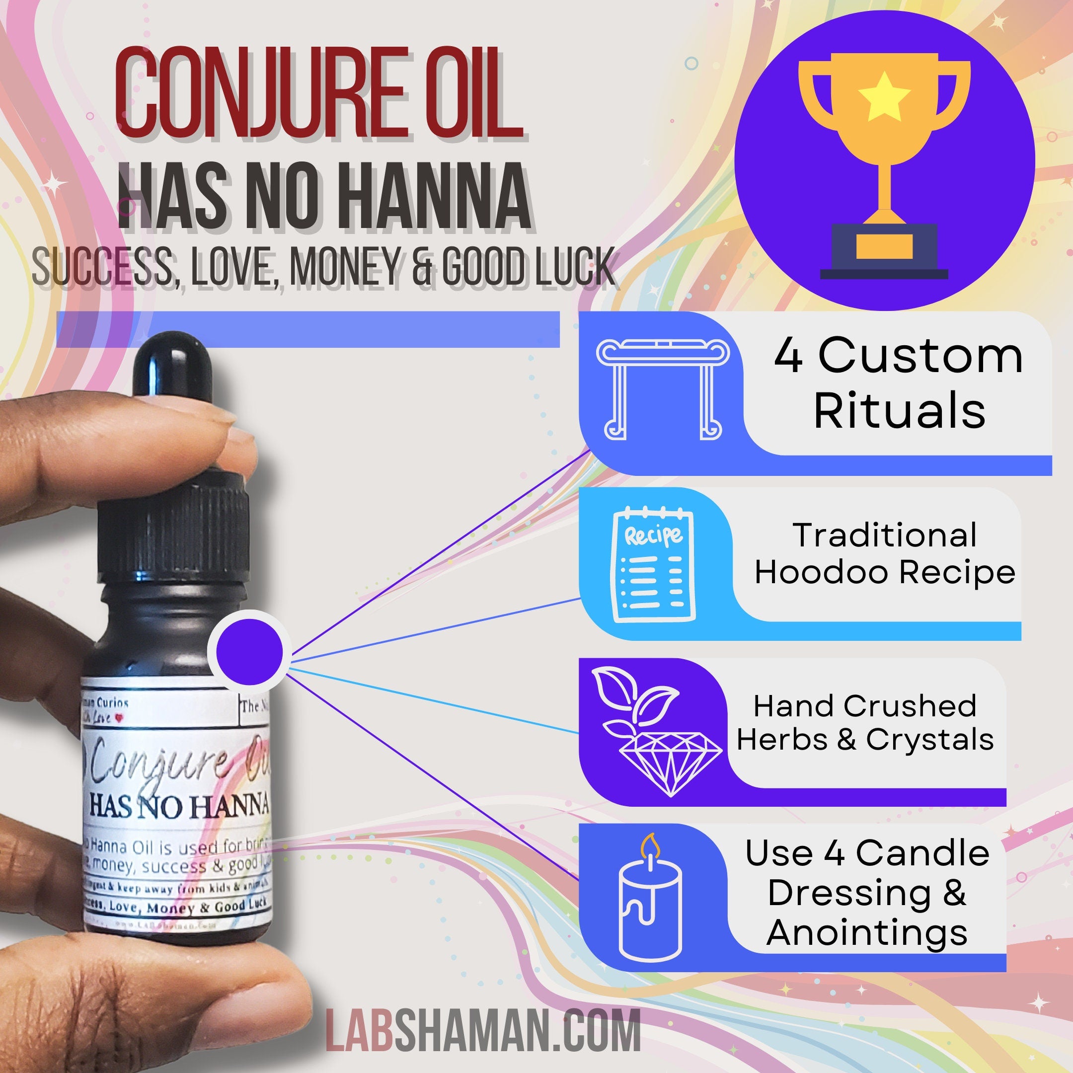 Has no Hanna oil , conjure oil, hoodoo oil, like art of the root, spell oil, anointing oil, witchcraft oil, hoodoo supplies, intention oil, ritual oil, altar oil, protection oil, blessing oil, magic oil, curios, van van oil, witch oil.