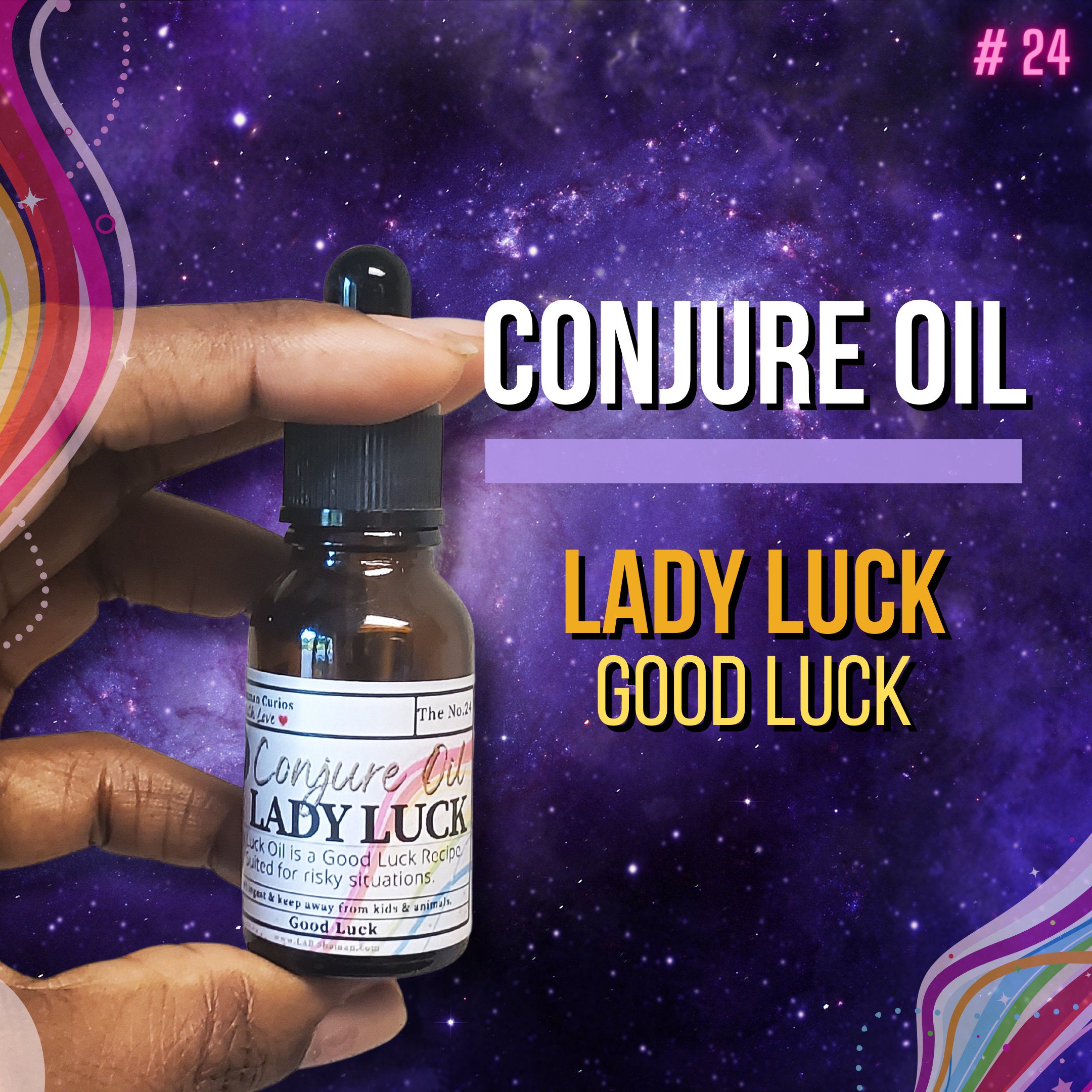 Lady Luck oil, Good luck oil, conjure oil, hoodoo oil, like art of the root, spell oil, anointing oil, witch oil, hoodoo supplies, intention oil, ritual oil, altar oil, protection oil, magic oil, curios, remove negative, witch body oil, lucky mojo.