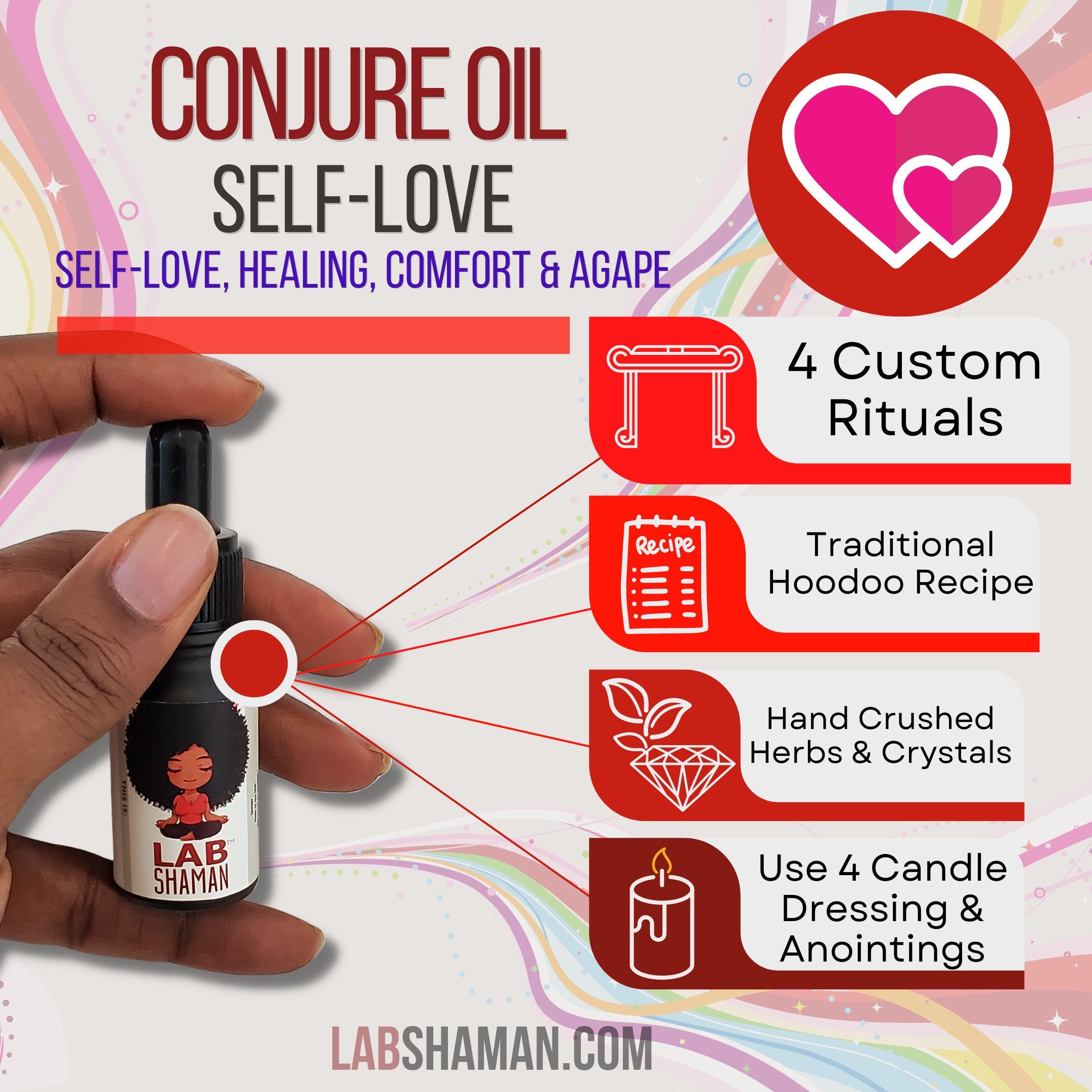 Self-Love, Emotional Healing, Essential Oil, Anointing Oil, Candle Dressing, Bath Ritual, Spiritual Care, Hoodoo, Reiki, Shamanic Practices, Self-Care, Aromatherapy, Light Rose Scent, Charged Crystals, lab shaman