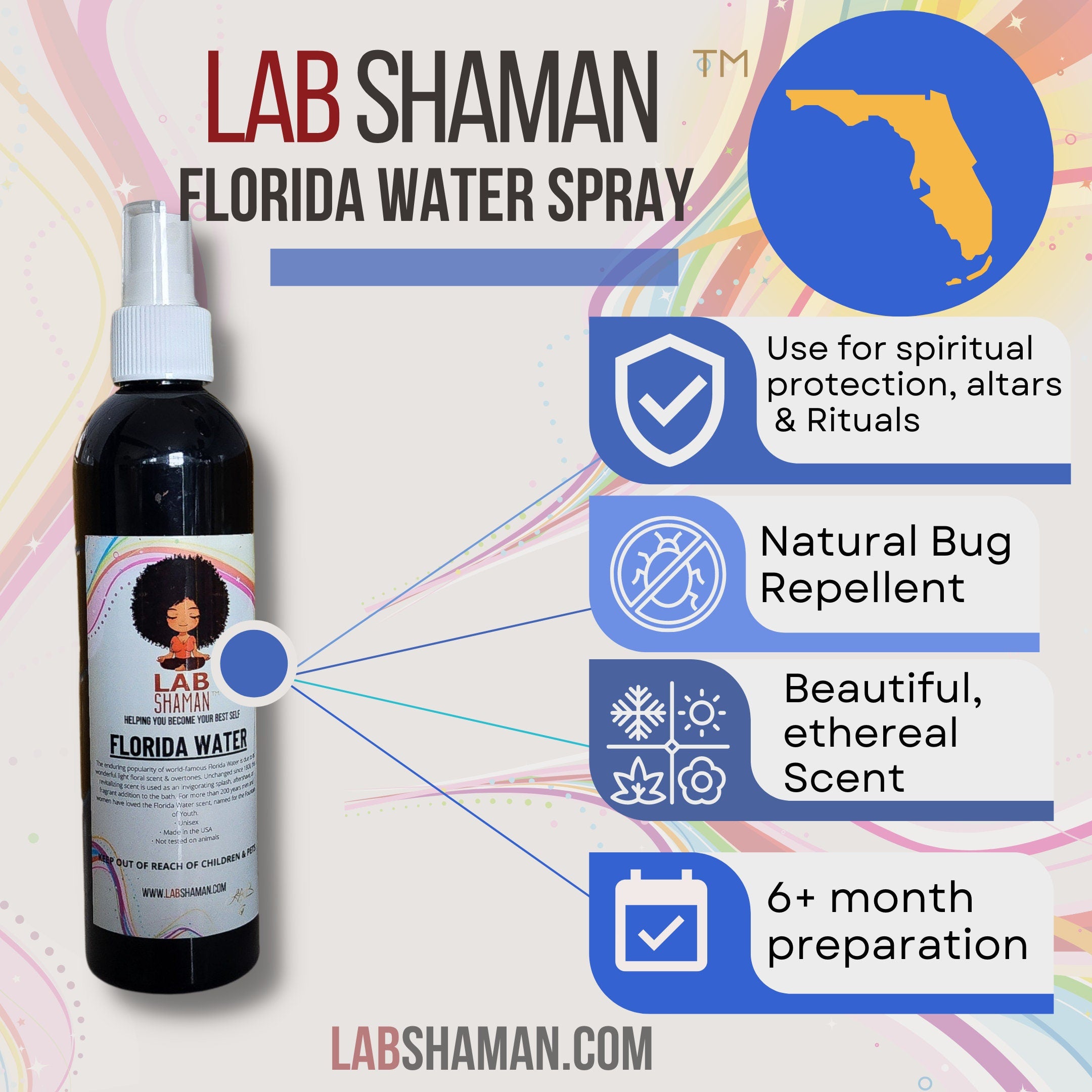 Florida water bottle. State of Florida showing bottle florida water stating 4 month preparation, seasonal scent, natural bug repellent and used for spiritual protection and rituals.