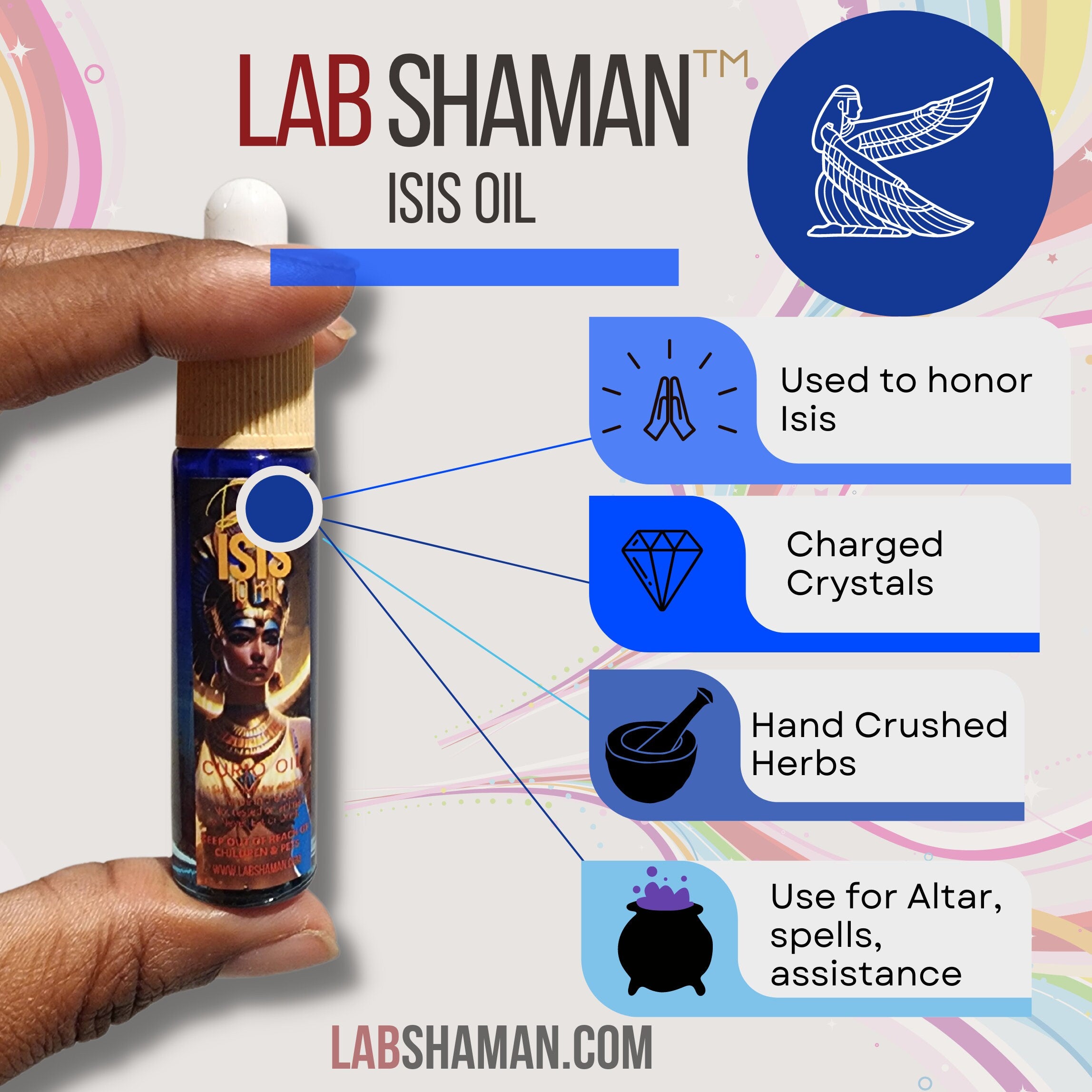 LAB Shaman Isis Oil, a harmonious blend of energizing and spiritual oils, dedicated to honoring Isis, the Egyptian Goddess of magic and healing.