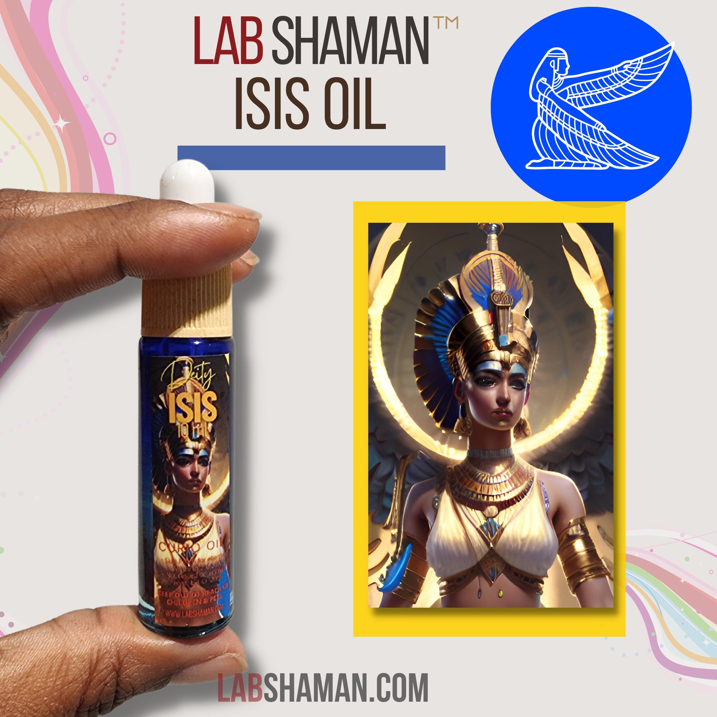 LAB Shaman Isis Oil, a harmonious blend of energizing and spiritual oils, dedicated to honoring Isis, the Egyptian Goddess of magic and healing.