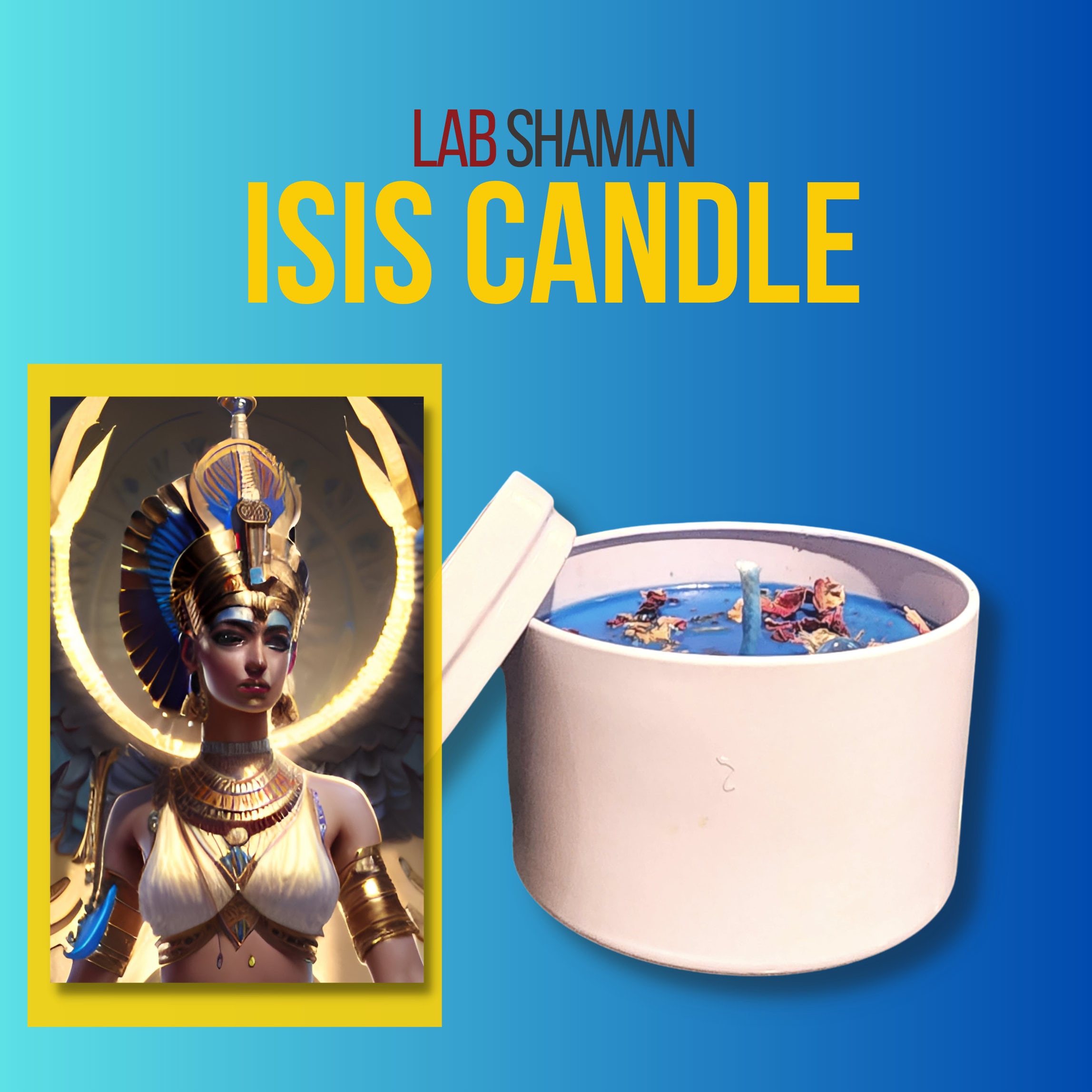 LAB Shaman Isis Candle, aglow with a soothing flame, designed to honor Isis, the Egyptian Goddess of magic, healing, and maternal love.