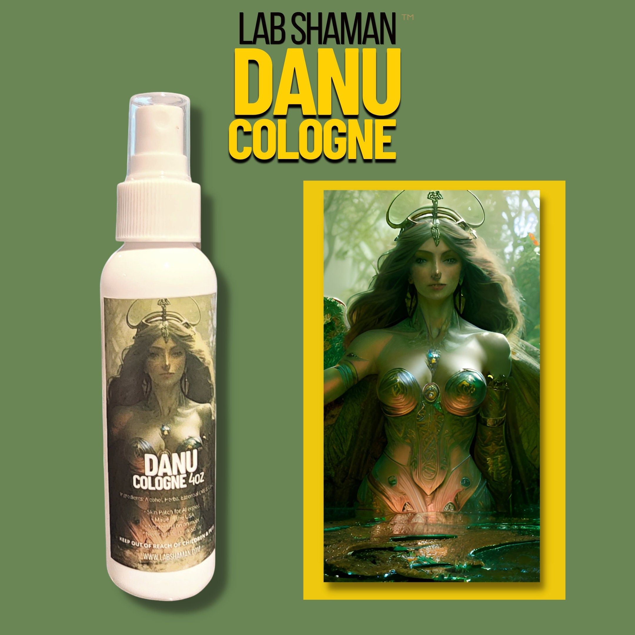 Image of green-tinted LAB Danu Cologne bottle with a glass water drop charm. The bottle rests amidst lush foliage, symbolizing connection to earth and Danu, the Celtic Mother Goddess, radiating tranquility and spiritual renewal. labshaman, goddess