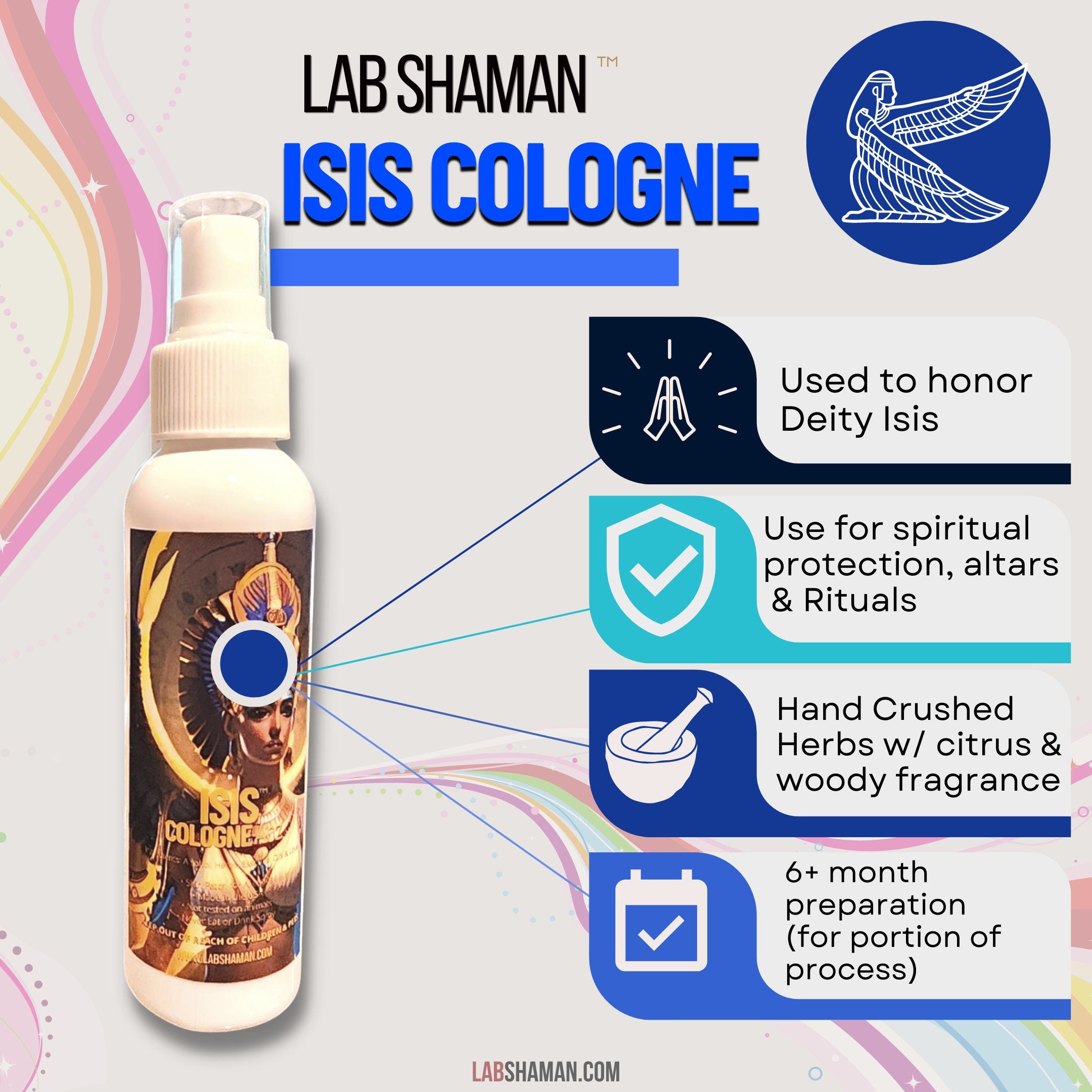 LAB Shaman&#39;s Isis Cologne, encased in an elegant glass bottle, is a unique blend that honors Isis, the Egyptian Goddess of magic, love, and healing