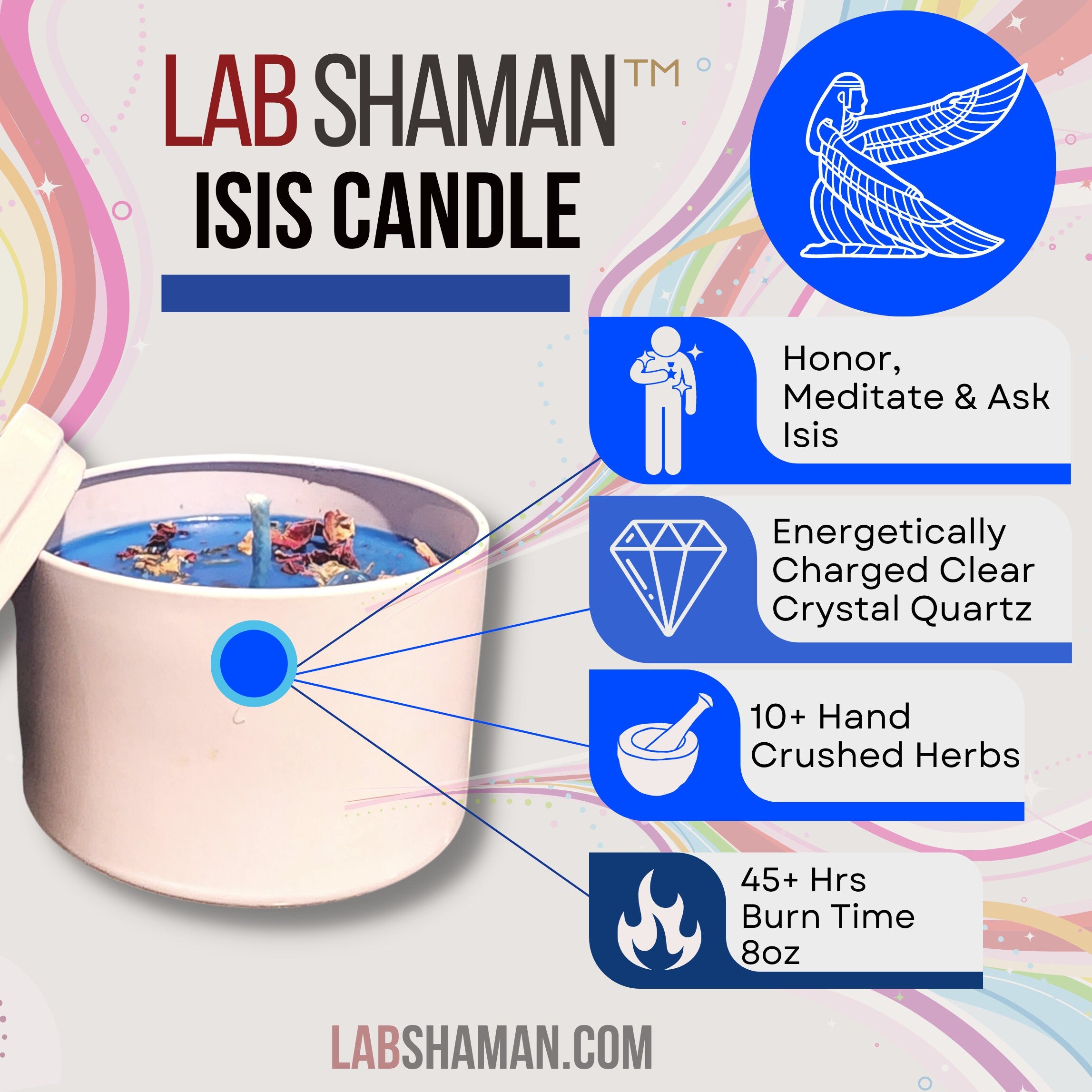 LAB Shaman Isis Candle, aglow with a soothing flame, designed to honor Isis, the Egyptian Goddess of magic, healing, and maternal love.