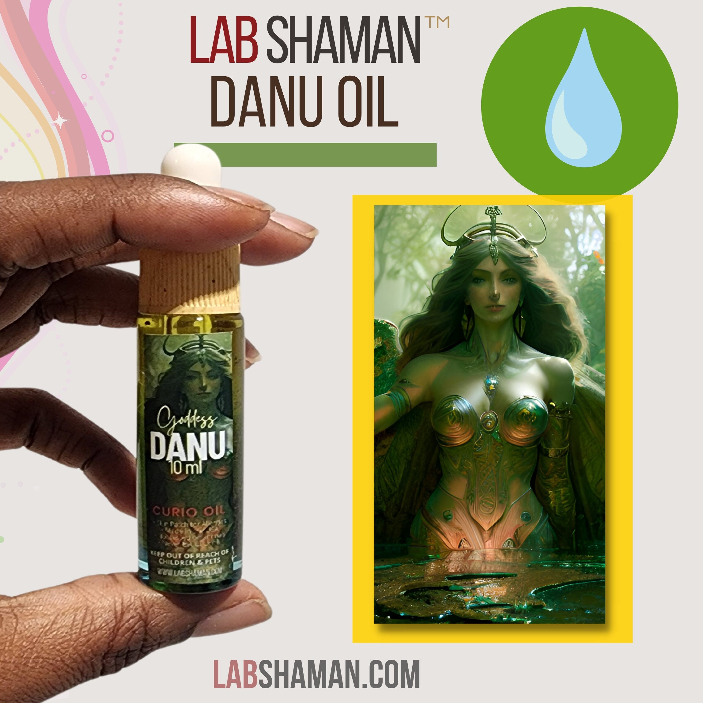 LAB Shaman, Goddess Danu,  Danu Oil, encased in a glass vial, symbolizes fertility and abundance. With a clear green quartz, the oil reflects the essence of Danu,  Celtic Mother Goddess.