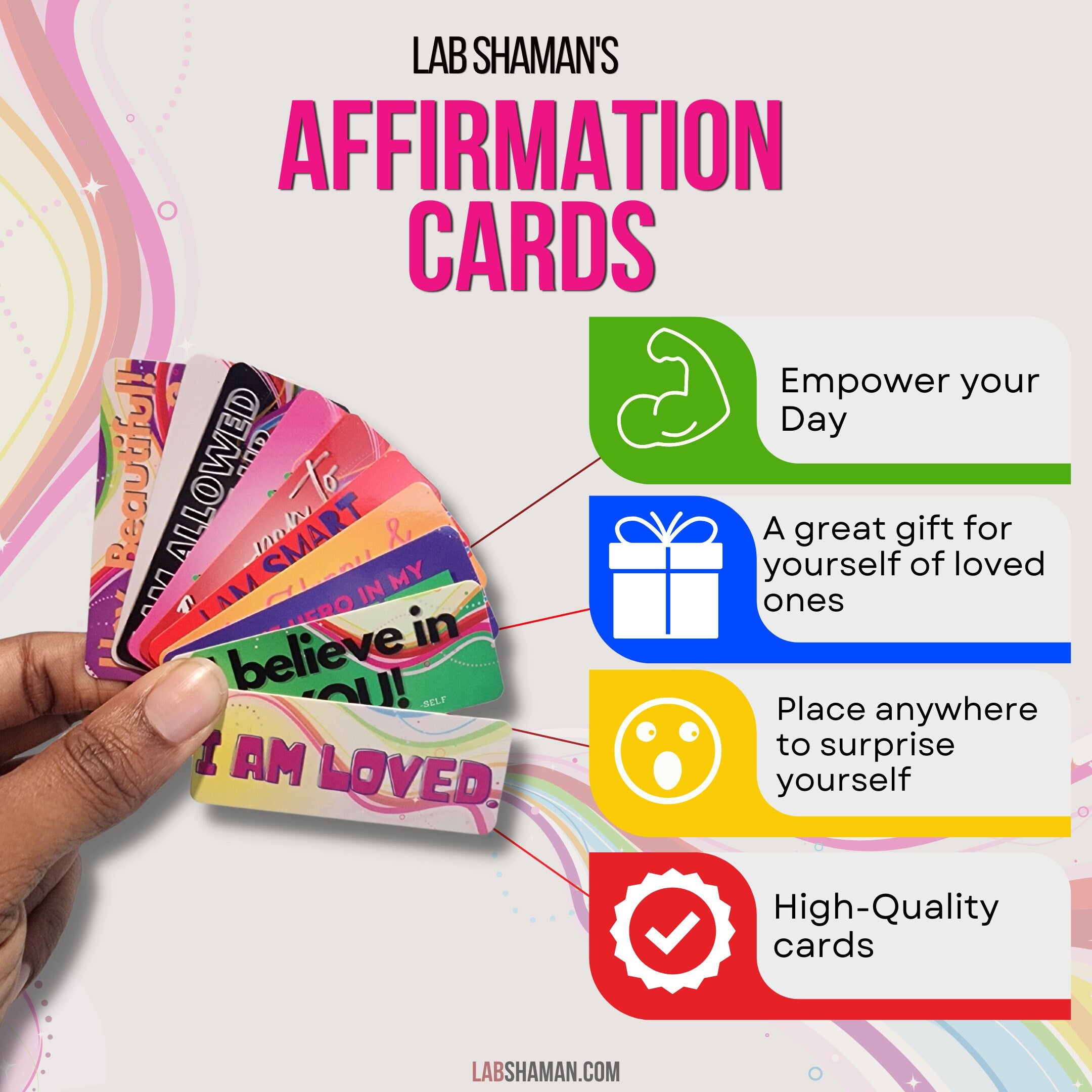 Pocket-sized Empowerment Affirmation Cards, packed with positivity and inspiration. These vibrant, glossy cards measuringare portable reminders of your strength, courage, and worth, ready to uplift your spirits wherever you may be.