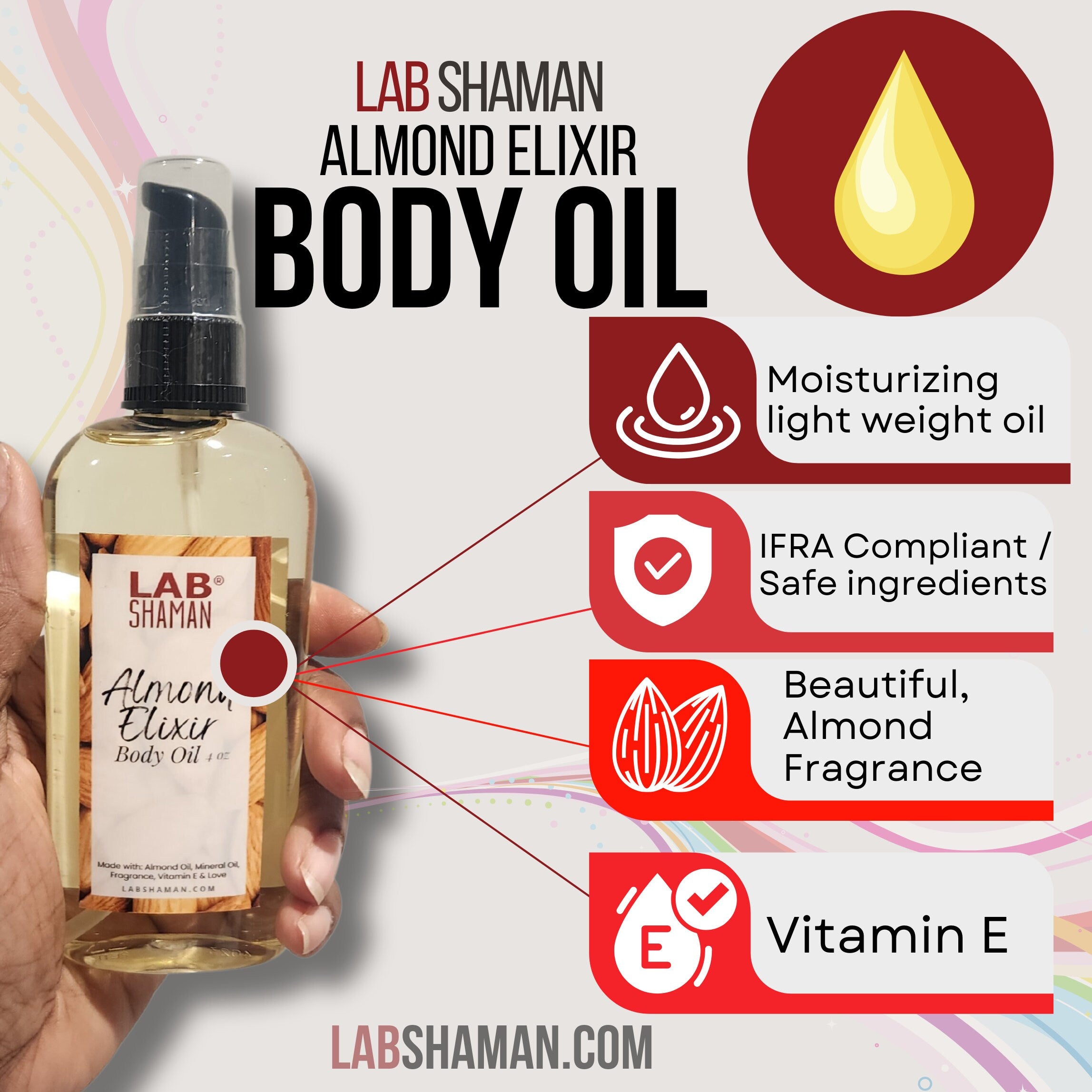 Body Oil	Scented Body Oil	black owned body oil	Almonde	LAB Shaman	Almond Elixir	Sweet Body Oil	Loccitane	Loccitane Dupe	Baby oil