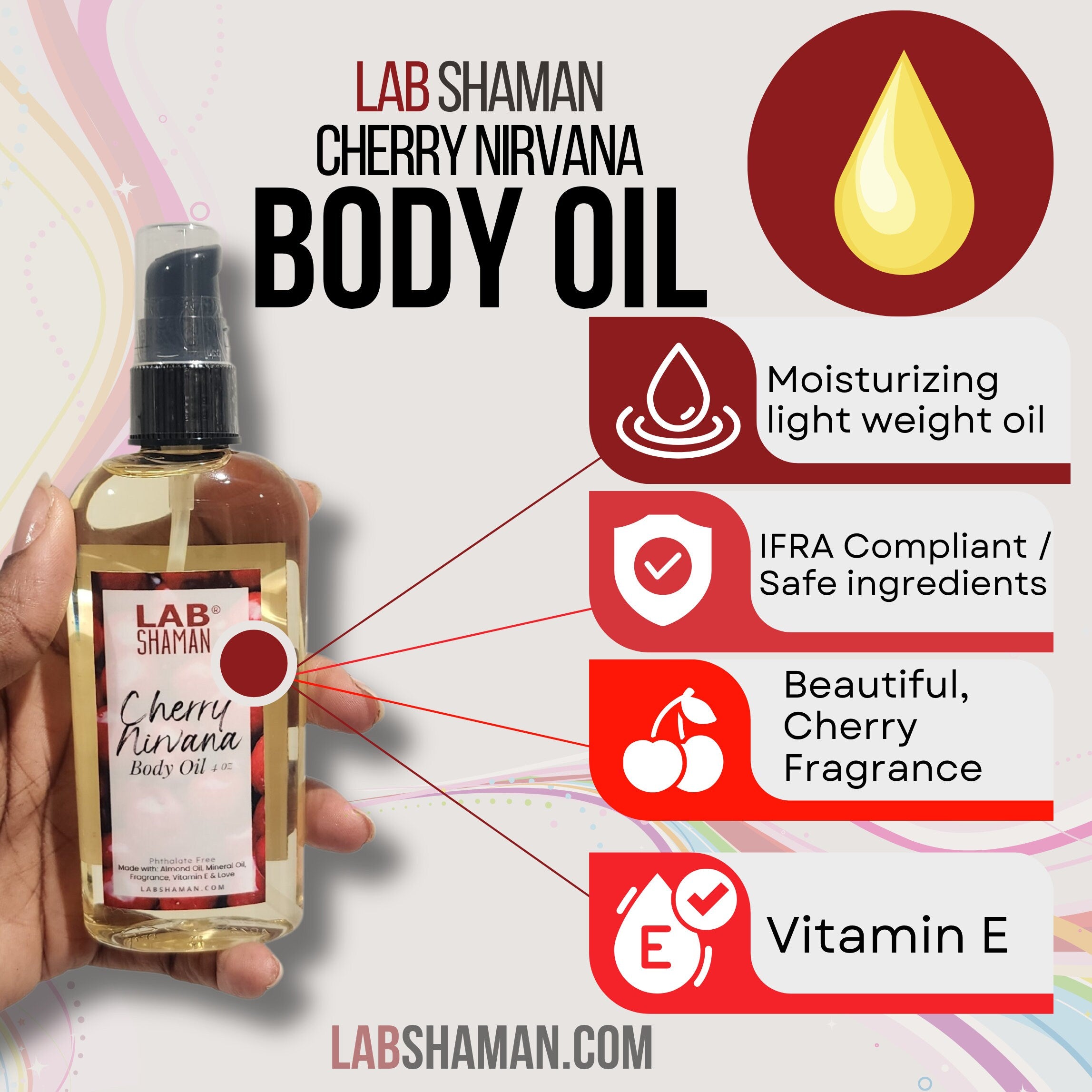 Body Oil	Scented Body Oil	black owned body oil	Loccitane	Loccitane dupe	Cherry Body Oil	Cherry Nirvana	Sweet body oil	baby oil	LAB Shaman	paraben-free