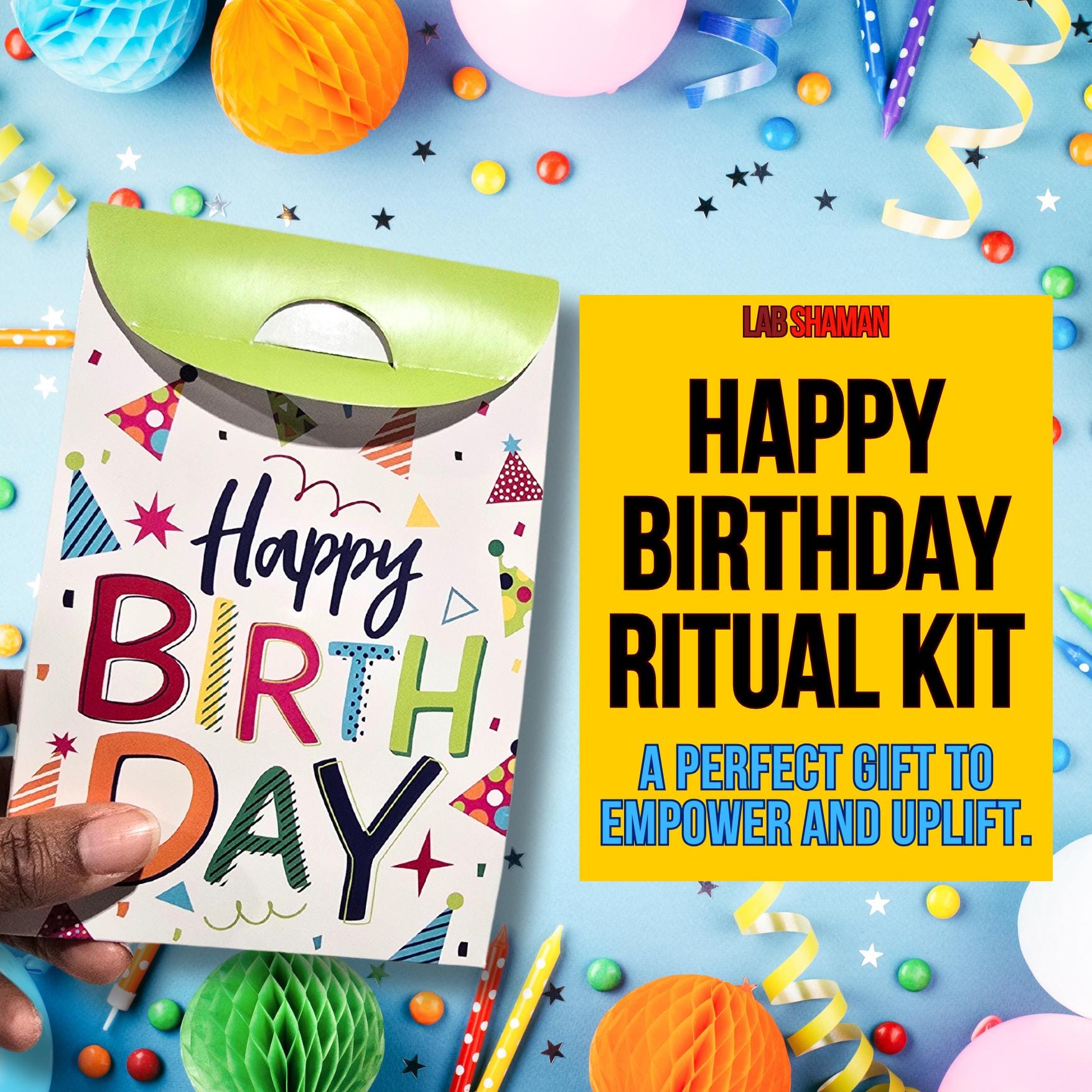 LAB Shaman, happy birthday ritual kit, birthday celebration set, spiritual birthday gift, birthday self-care, birthday candle kit, birthday crystal gift, affirmation card set,